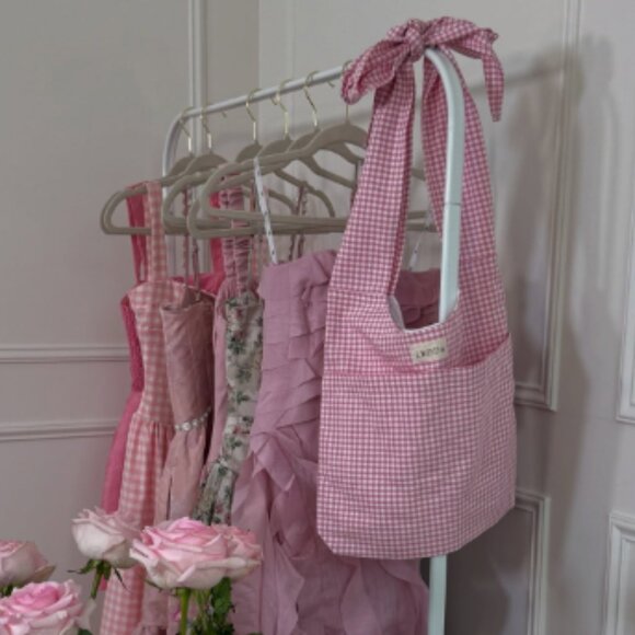 LEDDA Spring Pink Gingham Tie Shoulder Tote Bag - Picture 1 of 4